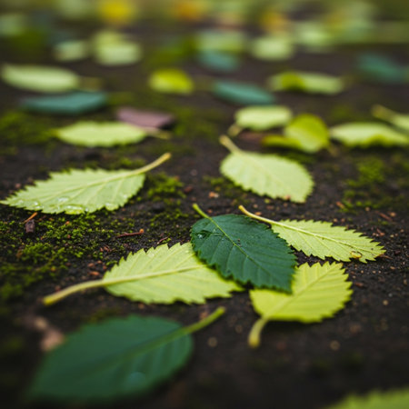 Green leaves on the ground. Selective focus. Shallow depth of fieldの素材