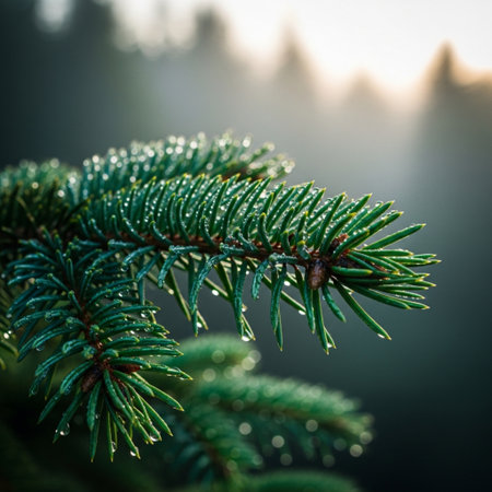 Fir tree branch with dew drops on the background of the forestの素材