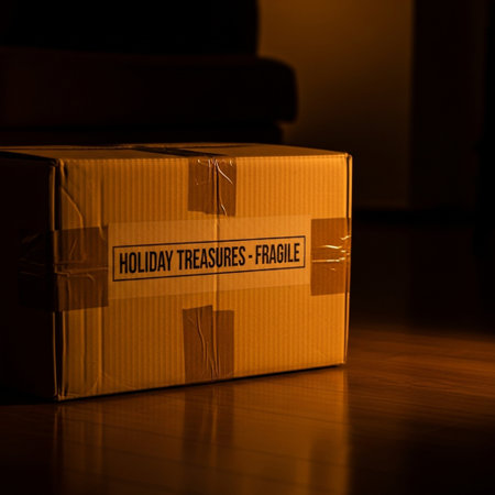 Carton box on a wooden floor in a dark room with copy spaceの素材