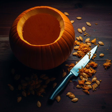 Halloween pumpkin, knife and pumpkin seeds on dark wooden background.の素材