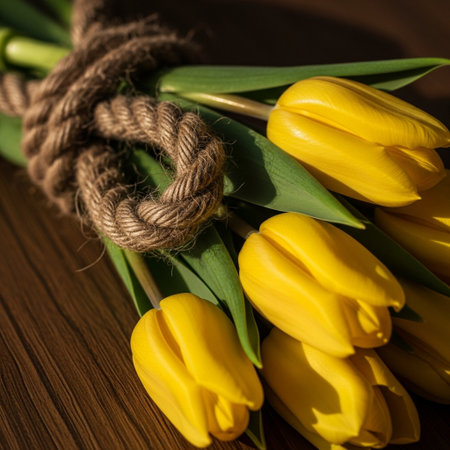 Bouquet of yellow tulips tied with a rope on a wooden backgroundの素材