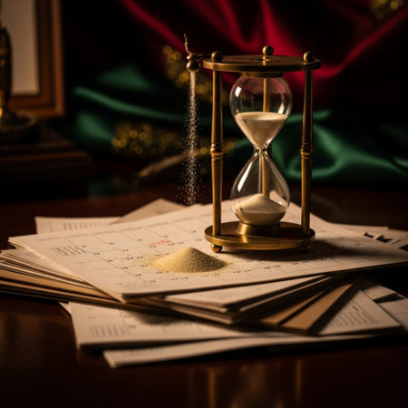 Hourglass on the table. The concept of time management and planning.の素材