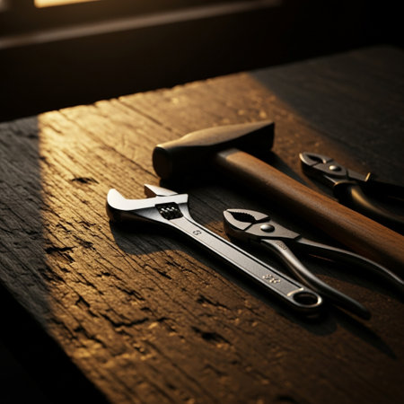 Tools on a wooden table in the light of the setting sun.の素材