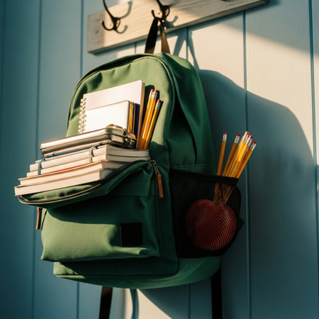School backpack and stationery on blue wooden wall. Back to school concept.の素材