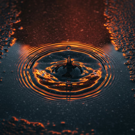 Falling drops of water. Splash effect after collision a falling drops with water Surfaceの素材