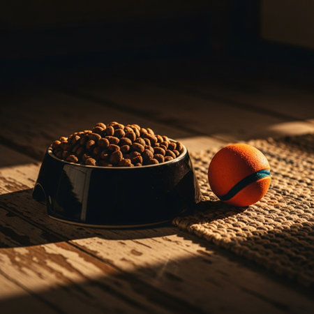 Bowl of dry cat food and orange on wooden table in sunlightの素材