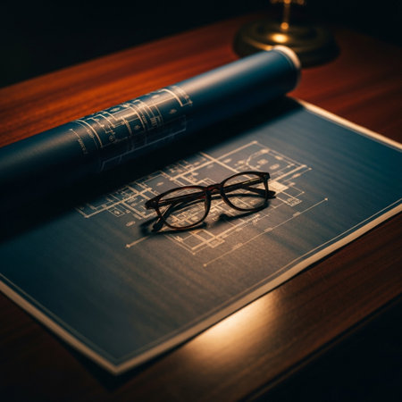 Close up of a law book with glasses on a wooden table.の素材