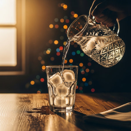 Pouring ice cubes into a glass on a wooden table in front of the windowの素材
