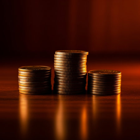 Coins stack on dark background. Business and financial success concept.の素材