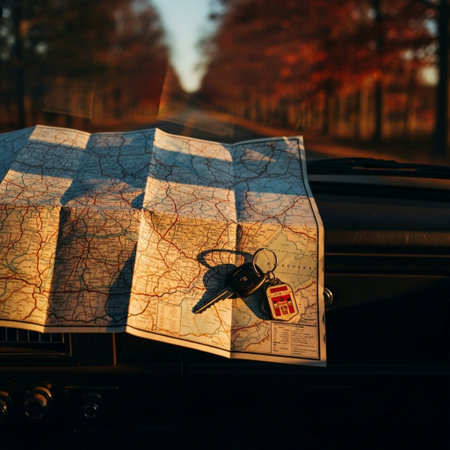 Map of the city with a car key in the foreground, vintage styleの素材
