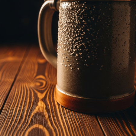Mug of beer on a wooden table. Close-up.の素材