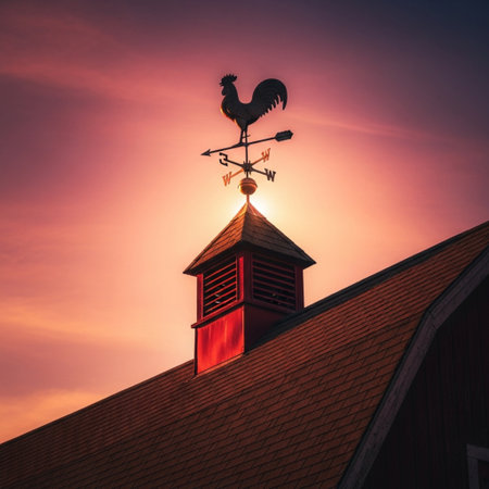 Weather vane on the roof of a church against a sunset skyの素材
