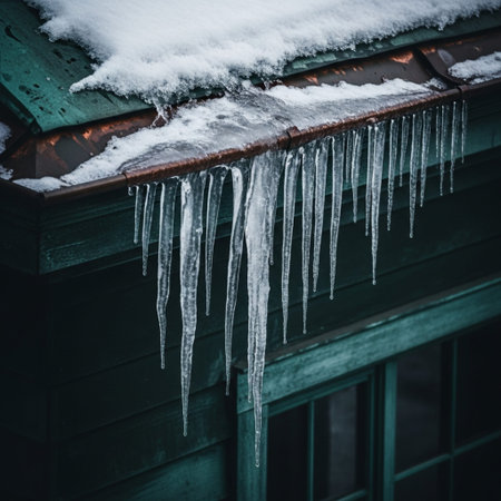 Icicles hanging from the roof of a house in winter.の素材