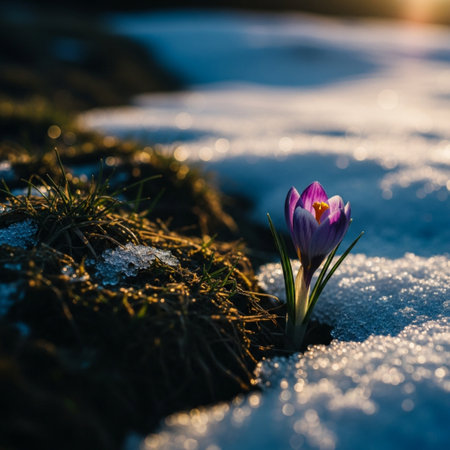 Purple crocus flower in the snow. First spring flowers.の素材