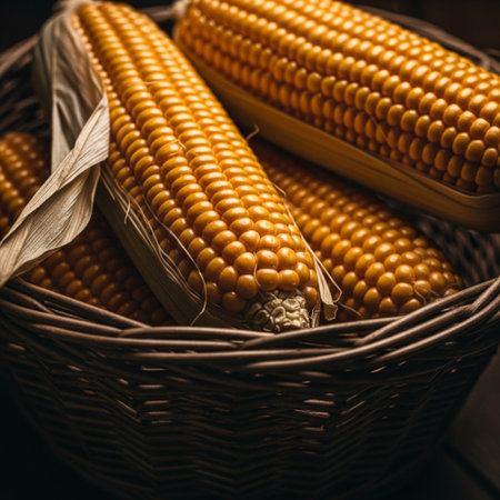 Fresh corn in a wicker basket on a dark wooden background.の素材