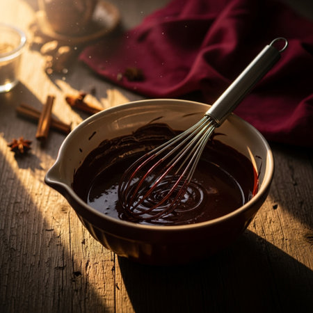 Chocolate fondue on wooden table. Shallow depth of fieldの素材