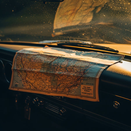 Retro styled image of a vintage car with map in the foregroundの素材