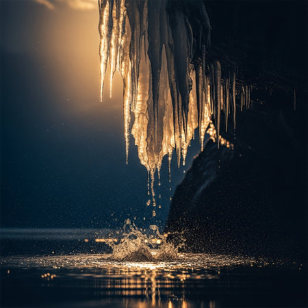 Beautiful icicles hanging from a cliff above the water at sunsetの素材