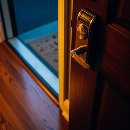 Opened door with lock and glass doorbell in the interior.の素材