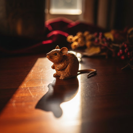 Wooden rat on the windowsill in the rays of the setting sunの素材