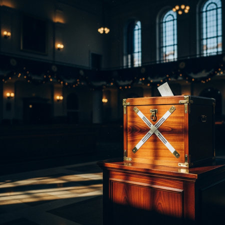 Wooden coffin with a cross on the altar in the church.の素材