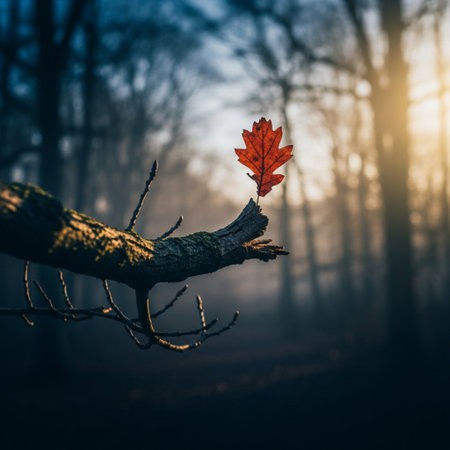 Autumn leaf on a tree branch in the forest at sunrise.の素材