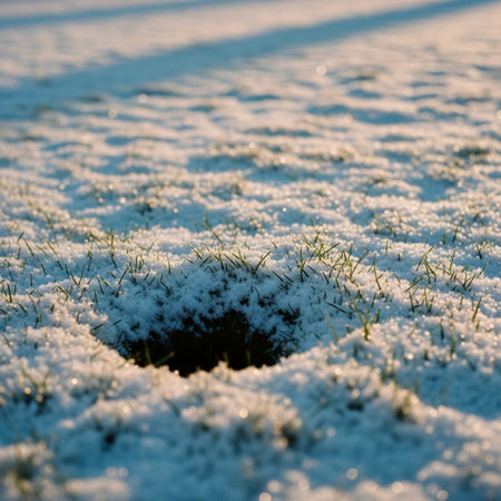 Close-up of a hole in the ground covered with fresh snowの素材