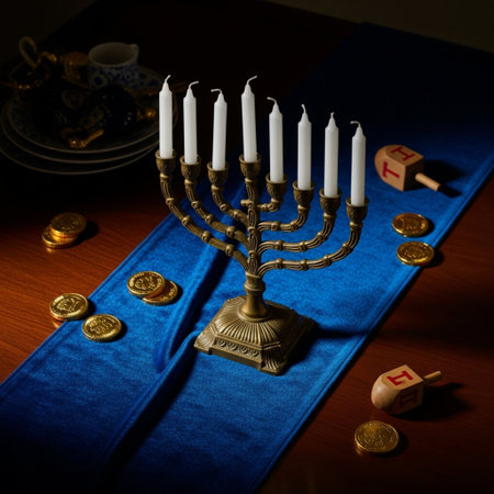 Religion image of jewish holiday Hanukkah background with menorah (traditional candelabra) and candlesの素材