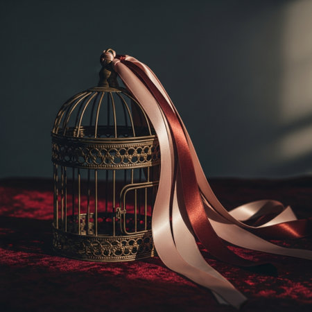 Golden cage with red silk ribbon on a dark background. Toned.の素材