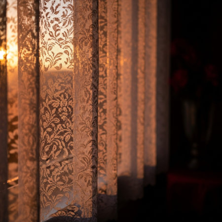 Beautiful curtains in the room at sunset. Selective focus.の素材