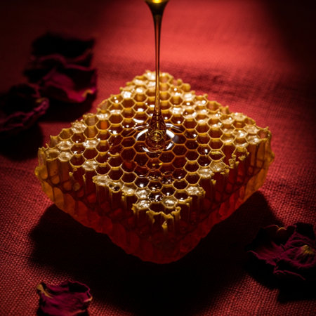Honey dripping from a hexagonal honeycombs on a red backgroundの素材