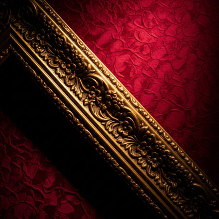 red background with gold pattern on the edge of the picture. Design templateの素材