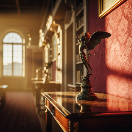 Vintage interior of an old school library with a statue of an angel on the tableの素材