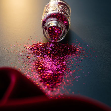 Nail polish bottle with glitter on a dark background, close upの素材