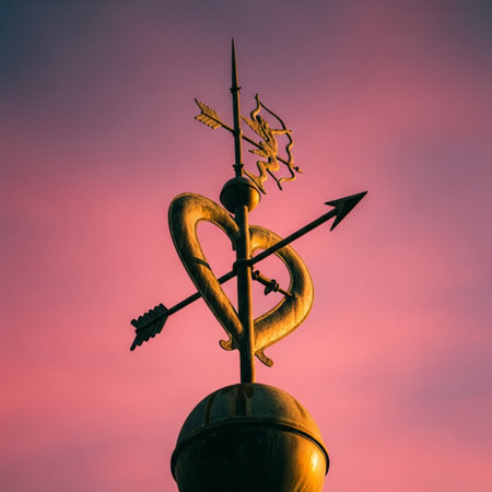 Vintage weather vane on the roof of a church at sunsetの素材