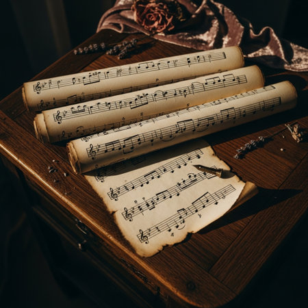 Old music sheets on a wooden table. Vintage style toned imageの素材