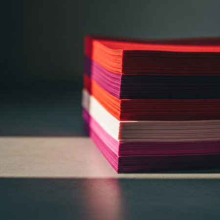 Stack of colorful paper on black background. Shallow depth of field.の素材