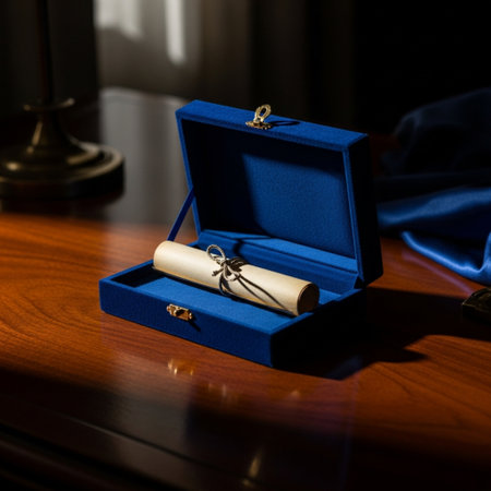 Wedding rings in a blue box on a wooden table.の素材