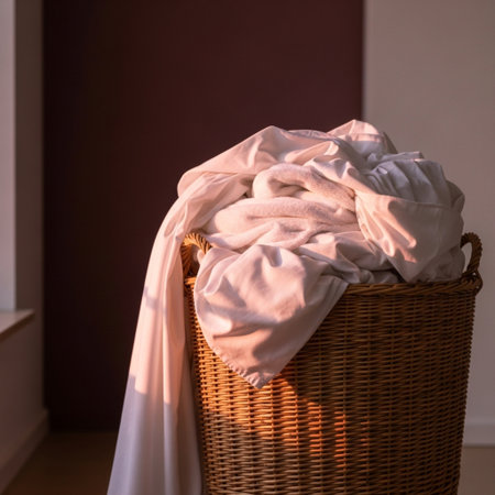 Wicker basket with dirty clothes on the floor in the room.の素材