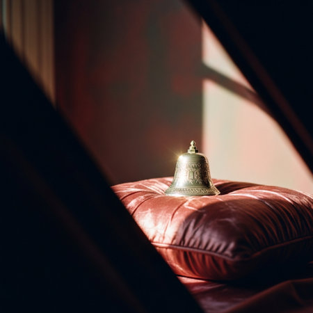 Alarm bell on a red leather sofa in a dark room.の素材