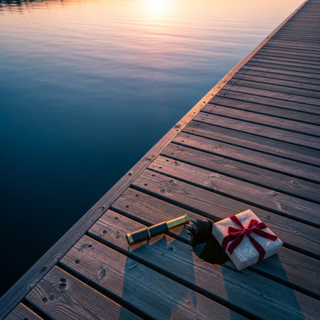 Gift box and telescope on wooden pier at sunset. Holiday conceptの素材