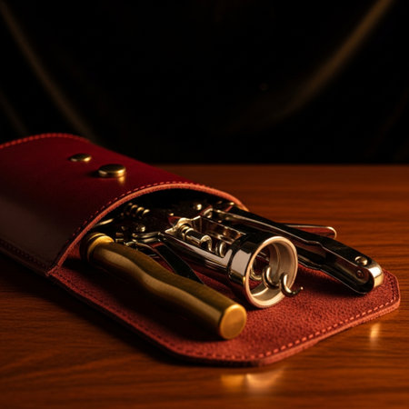 Corkscrew in red leather case on wooden table with black backgroundの素材