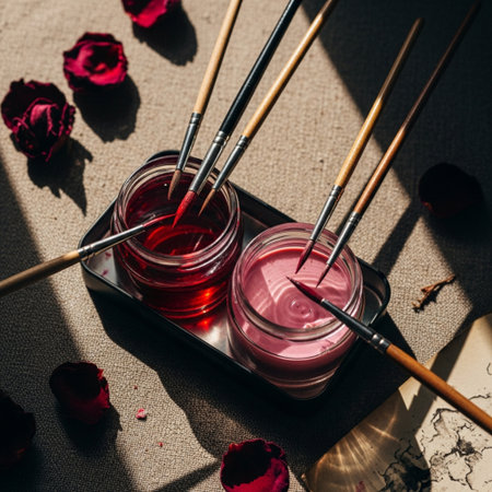 Paint brushes and jars with red paint on table with rose petals.の素材