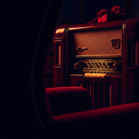 Retro radio in the interior of a room with a red armchairの素材