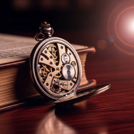 Vintage pocket watch on a book. Time concept. Vintage watch.の素材