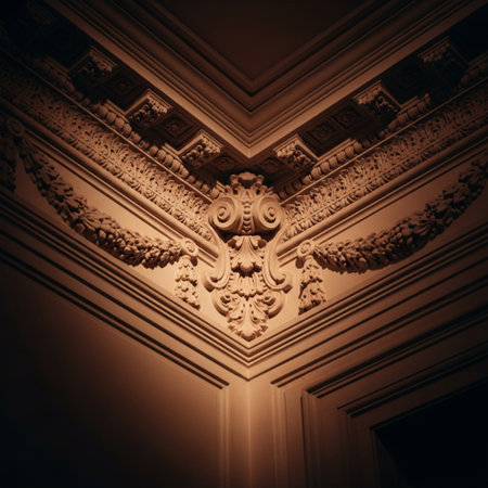 Detail of the interior of an old building with a carved ceiling.の素材