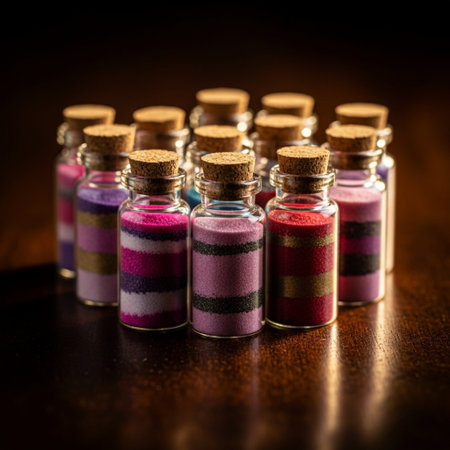 Colorful nail polish bottles on wooden background. Selective focus.の素材