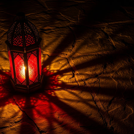 Lantern with shadow on the wall. Ramadan Kareem backgroundの素材