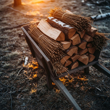 Firewood and firewood in a wooden box on the ground.の素材