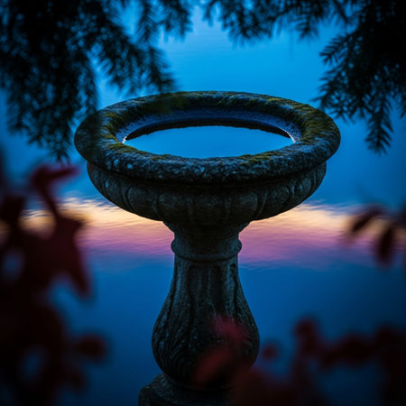 3d rendering of a water fountain in the park at sunset.の素材